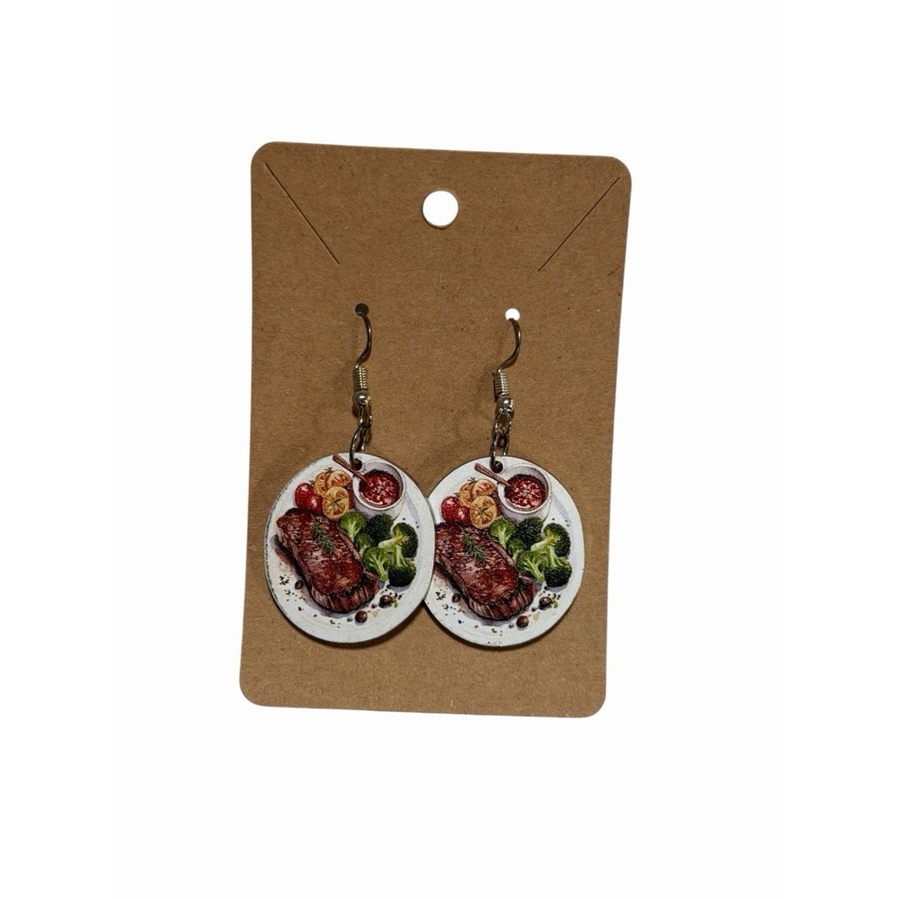 Steak Dinner Miniature Food Drop Earrings Realistic Foodie Jewelry Grill Master